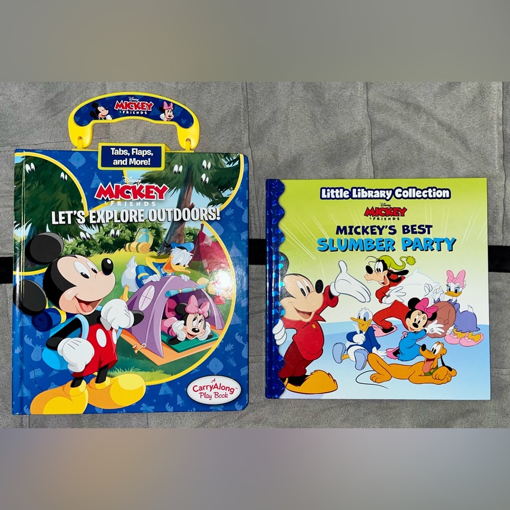2 Mickey Mouse Books (Let’s Explore Outdoors & Best Slumber Party)-PERFECT COND.